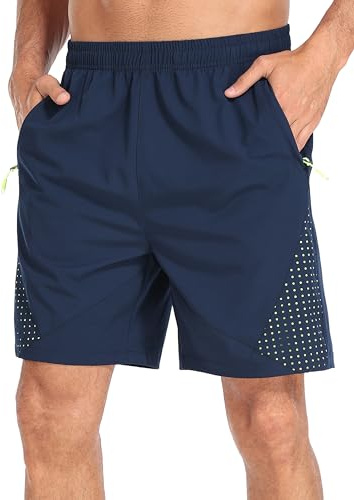 MoFiz Lätta sportshorts herr korta löparshorts jogging sommarträning snabbtorkande shorts med dragkedja fickor, Marinblå, L
