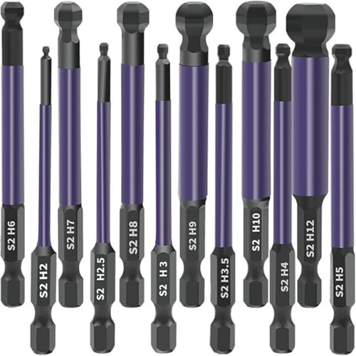 12PCS Ball End Allen Key Bit Set, S2 Steel 1/4” Hex Shank Magnetic Allen Wrench Screwdriver Bits for Assembling Furniture, Phosphating Treatment H2-H12, Length 75mm