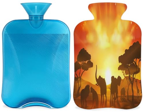 African Animal Elephant Tree Hot Water Bottle with Cover, 2L Hot Water Bag for Pain Relief, Neck and Shoulder, Hand Feet Warmer
