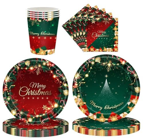 AMOYER Ensemble De Vaisselle Jetable De Noël, Assiettes, Serviettes, Gobelets, Nappe, Décoration De Fête De Noël À Maison
