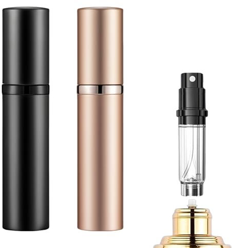 2 Pezzi Porta Profumo da Viaggio,Porta Profumi 5ml Atomizzatore Profumo Portatile,Spruzzino Profumo Ricaricabil Vaporizzatore da Viaggio con Tappo Protettivo per Viaggi,Donne e Uomini(Nero+Oro Rosa)