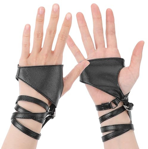 AOZUO Punk Handschuhe für Damen, PU Half Palm Fingerlose Handschuhe Schwarz Handschuhe Kostüm Gothic Rock Handschuhe für Halloween Cosplay Performance