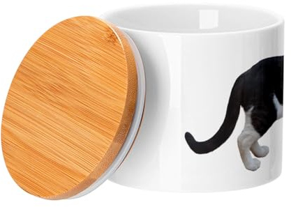 Fabulous Ceramic Jar with Lid Bamboo - Black and White Cat Europeen Cute City Cat - 473 ml (16 oz) - Pot