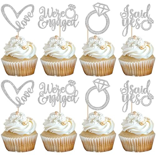 Xsstarmi 24 Packung We're Engaged Cupcake Toppers Glitzer She Said Yes Cupcake Picks Dekoration für Wir Sind Verlobt Werden Engagiert Hochzeit Party Kuchendekoration Silber