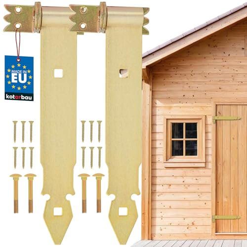 KOTARBAU® 2er Set Ladenband Gold 300 mm Kreuzgehänge Verzinkter Stahl Türband Holztür Band Fensterladen Holz Tor Scharniere Schwerlast Torband Winkelband Türscharniere Ladenband mit Kloben Set
