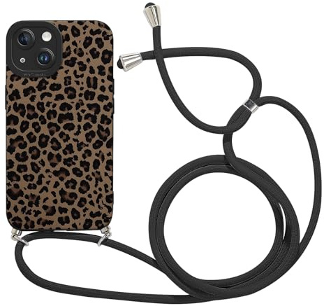 Xylota Coque pour iPhone 14 6,1'' avec Cordon, Aesthetic Motif Etui avec Réglable Collier Corde, Silicone Caméra Protection Portable Lanyard Antichoc Housse Bumper Case pour iPhone 14, Léopard 01