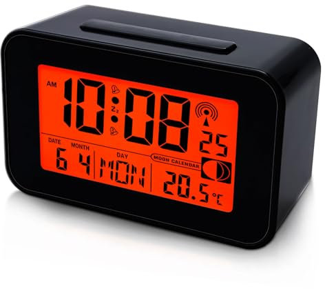 Xevinas Réveil numérique radio-piloté, réveil numérique avec rétroéclairage, date, jour de la semaine, température, fonction snooze, réveil radio-piloté multifonction analogique à piles pour chambre à