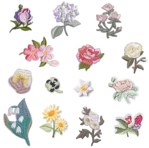 NHGKJU Uppsättning av 14 stryklappar blommor – broderade lappar för strykning och sömnad på (rosor, violer, hortensior) – för kläder, väskor och skor – självhäftande och värmeaktiverbar