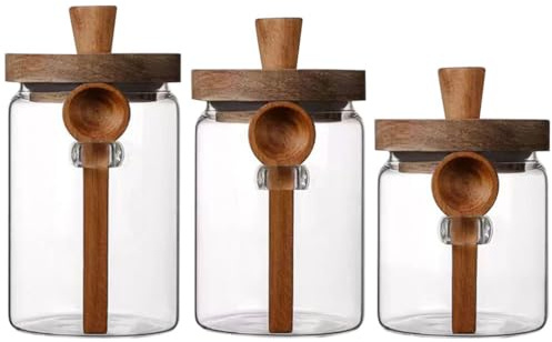 PRETYZOOM Glass Spice Jar Set with Lid and Spoon 3 pcs Seasoning Container for Salt Pepper and Condiments 800ml 550ml 400ml Kitchen Storage for Home Cooking and Bbq