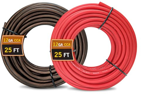 12 Gauge CCA Wire, Silicon 25Ft Red + 25Ft Black Automotive Power/Ground Cable for Car Audio Battery, Marine, Welding, Repair Cable, Flexible Soft Electrical Audio Wiring for Speaker Amp