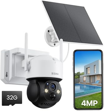 ZOSI 2.5K Caméra à Batterie Rechargeable 10050mAh Panneau Solaire, Caméra Extérieure WiFi sans Fil Pan/Tilt Vue à 360°, Audio Bidirectionnel Détection Personne Alarme par IA, Carte 32Go Intégrée