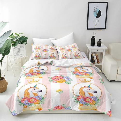 ANHOPE 2 Teilig Bettbezug 100x135 cm + Kissenbezüge 40x60 cm Prinzessin Einhorn Blume Bettwäsche mit Reißverschluss Weich Microfaser Bettbezüge Set