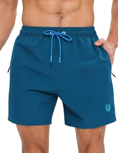 APTRO Herren Badehosen Schnelltrocknend Boardshorts Reißverschlusstaschen Badeshorts mit Mesh-Futter Einfarbig Sport Shorts Tropfenblau M