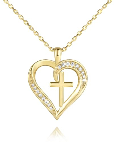 HOBATS Cross Necklace for Women 14K Gold Cross Necklaces for Women Gold Heart Necklaces for Womens Crosses Chain Pendant Combine Classic Elements of Romantic and Faith Chain Crosses Heart Necklace for Womens 17.7+1.7in