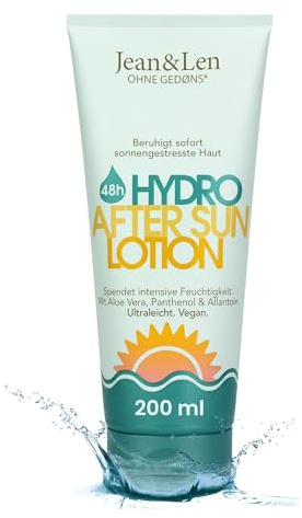 Jean & Len Lozione Doposole, per pelle esposta al sole, con Aloe Vera, Pantenolo e Allantoina, senza microplastiche, profumi o coloranti, vegana, cura doposole 200 ml