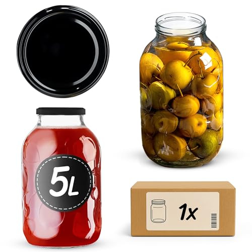 KADAX Einmachgläser 5L mit fi100 mm Schraubdeckel, Große Gläser mit Deckel, Gurkenglas zum Einkochen, Fermentieren & Einlegen, Einkochglas für Gurken, Sauerkraut (Schwarz, 1 Stück)