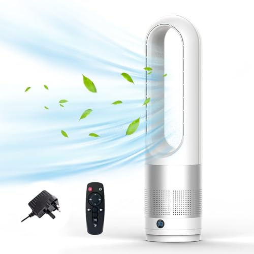 JDKJAG Vortex Air Bladeless Tower Fan, Quiet Cooling Fan with Remote, 90° Oscillating, 3-Speed Settings, 7-Hour Timer, Ideal for Bedroom, Living Room - Energy-Efficient & Space-Saving (White)