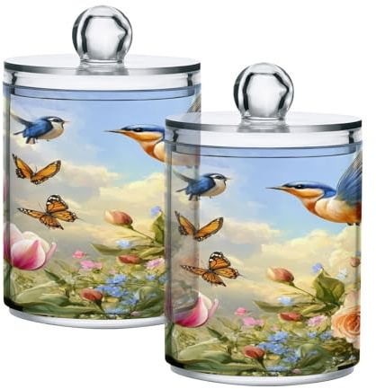 Ttgoth Hermoso dispensador de tulipanes de primavera, tarros de baño acrílicos, 2 tarros de boticario, organizador de maquillaje para almohadilla de algodón, brotes, hisopos, bolas