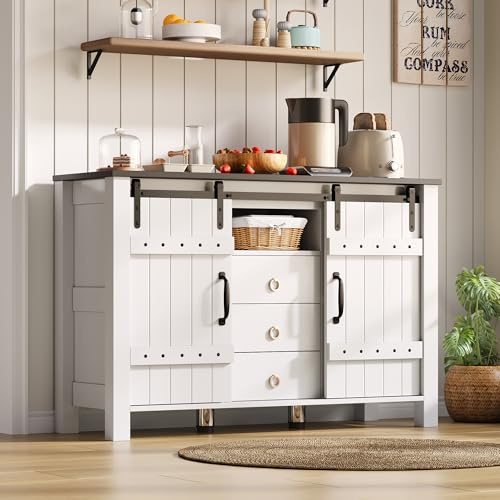 Armoire buffet avec portes coulissantes et 3 tiroirs, buffet rustique pour cuisine, salle à manger et salon, table buffet en bois solide avec espace de rangement