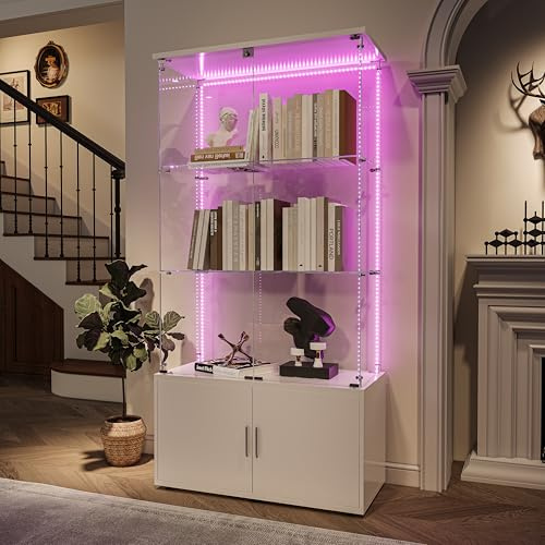 KSFASHZ Vetrina Espositiva in Vetro Bianco con 4 Piani, Vetrine in Vetro con Serratura, 78.5×35×164 cm, Vetrinetta in VetroVetrina Soggiorno con LED Vetrinette Espositive inVetro, Bianco