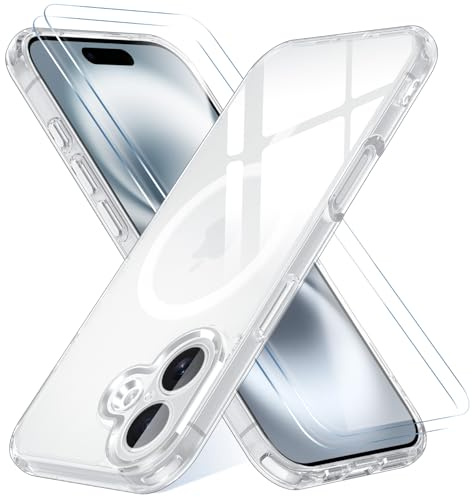 YeaVoic Coque Magnétique pour iPhone 16 avec 2 Verre Trempé Protection D'écran Compatible avec MagSafe, HD Clair Anti-jaunissement Housse Étui Protection Case Antichoc Silicone Bumper Transparent