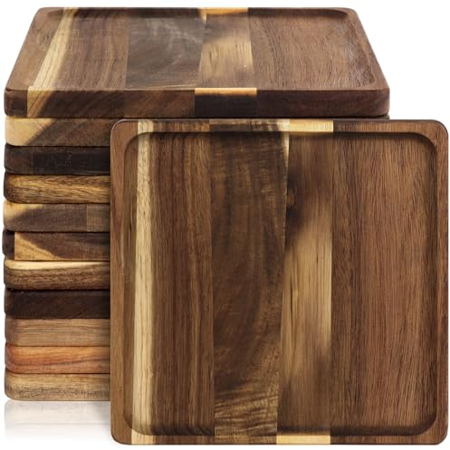 Lot de 12 assiettes en bois carrées en acacia, plateaux de service pour dîner de Thanksgiving, charcuterie, apéritifs, fromage, steak, desserts, salades, fruits ; plat de cuisine de 20 x 20 x 1,5 cm