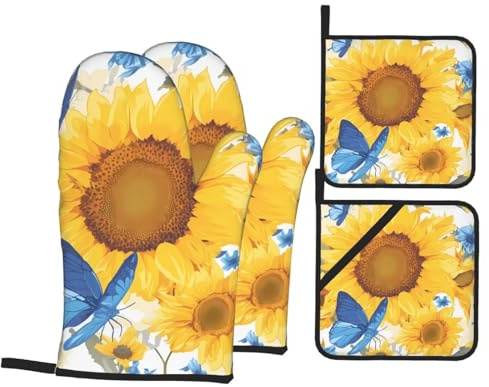 Guanti da cucina presina WHJDPP girasoli gialli con farfalle blu Modello ispessito pratico isolamento termico anti-scottatura per cottura in cucina