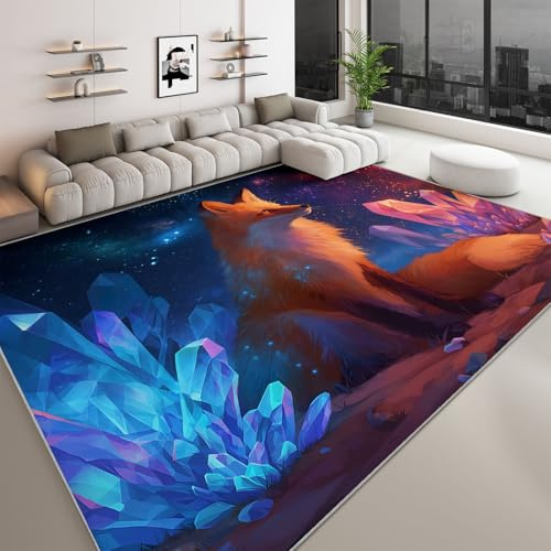 Generisch rutschfest Wohnzimmer Teppich 60 x 90 cm, Tiere Fuchs Sterne Kristall Junge Mädchen Kinderteppich - Fantasy Stil Kurzflor Waschbar Teppich für Kinderzimmer Bettvorleger Spielzimmer