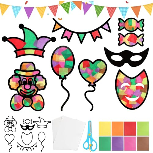 24 Stück Fensterbilder Karneval Bastelset, Clown Maske Hut Süßigkeiten Muster, fensterbilder Fasching Deko Fenster, Zirkus Basteln, Buntes Kreativset für Junge Mädchen