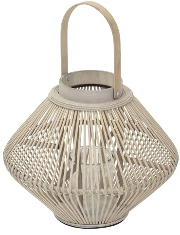 ECD Germany Bambus Laterne, Windlicht 47 cm, Holzfarbe, Gartenlaterne mit Henkel & Glaseinsatz, Boho Bambuslaterne, Kerzenhalter Flechtoptik, Innen/Außen, Deko Laterne für Terrasse Balkon Wohnzimmer