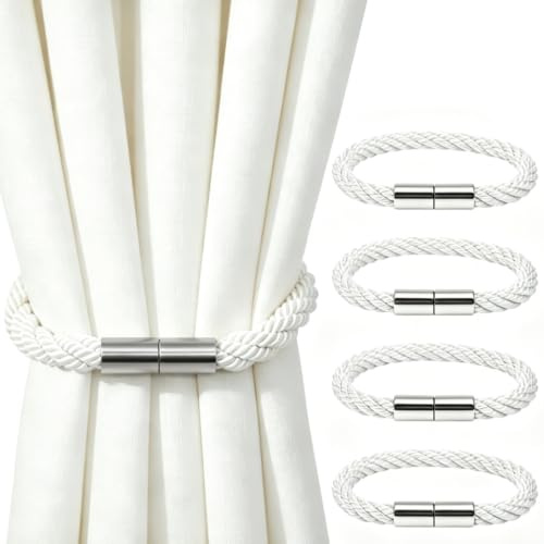 ikBrtaiay 4 Stück Raffhalter Magnetisch, Vorhang Raffhalter, Weiße Gardinenhalter aus Weichem Kunststoff, Starker Magnetverschluss, Einfache Handhabung, Für Zuhause, Büro, Wohnkultur