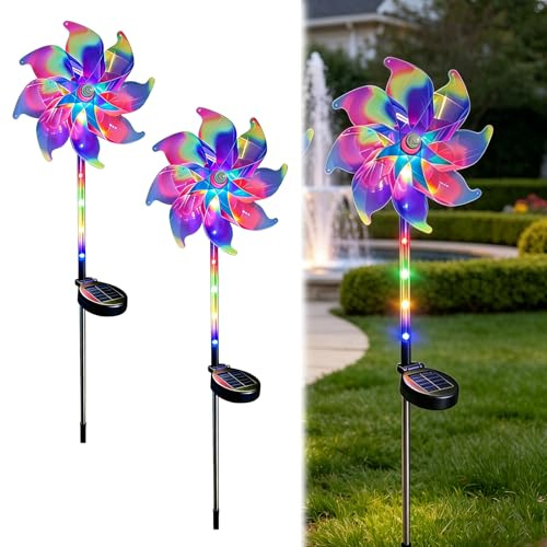 LED Solar Garden Pinwheel, Rainbow Solar Wind Spinner with LED Lights, Solar Powered Garden Stake, Outdoor Decoration for Lawn, Patio, Balcony, Flower Beds (2PC)