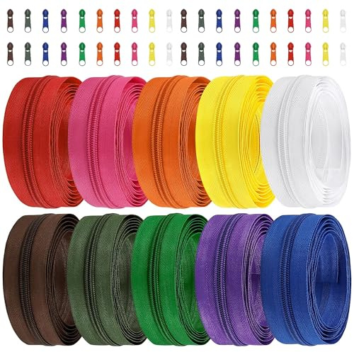 XFLYP 10PCS Color Nylon Continuous Zipper Set, Categorize and Organize, Includes 40 Metal Sliders for Zip Repair Kit for Sewing, Crafts and Bag, Endless Zip(10 Colours)