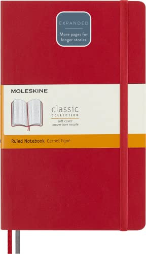 Moleskine - Classic Notebook Expanded, Taccuino a Righe, Copertina Morbida e Chiusura ad Elastico, Formato Large 13 x 21 cm, Colore Rosso Scarlatto, 400 Pagine