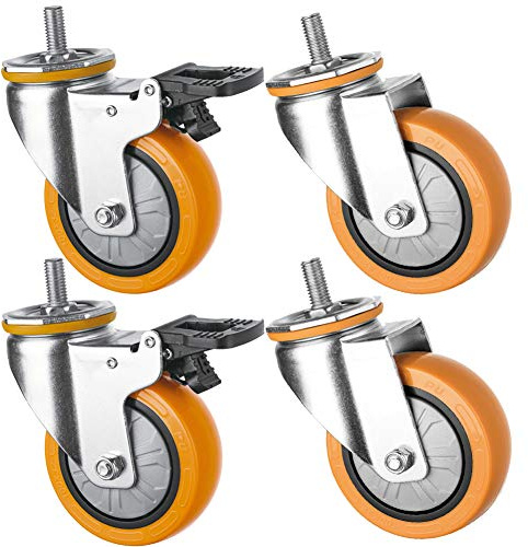 Schwerlastrollen Gewinde M12 100mm 4inch Lenkrollen mit Bremse für Möbel Leise PU 480kg Industrierollen für Trolley Werkbank Krankenhaus Fabrik 4 Stück
