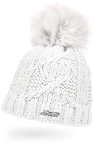 Neverless® Damen Strick-Mütze gefüttert Fleecefutter Fell-Bommel Kunstfell Winter-Mütze Zopfstrick Bommelmütze weiß Unisize