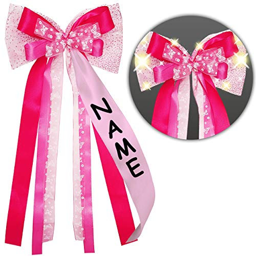 alles-meine.de GmbH große XL - 3D - LED Licht & Leucht - Geschenkschleife/Schleife - pink/rosa & weiß - inkl. Name - 24 cm breit u. 65 cm lang - mit Satin Bändern + Glitzer -..