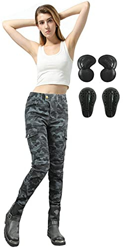 SHAIYOU Womens Motorcycle Trousers,Ladies Motorbike Protective Camo Jeans Riding Motocross Stretch Racing Pants with 4 Removable Armour (Blue,S)