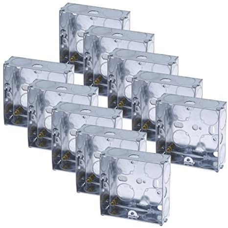 Paquete de 10 interruptores de pared empotrables de 25 mm, 1 unidad, 1 unidad, montaje empotrado, BS EN 60670 5733, tornillo de tierra de latón estándar del Reino Unido, acero galvanizado, paquete de