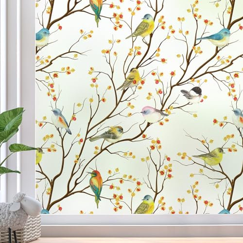 dktie Dekorfolie Glasmalerei Fensterfolie Selbsthaftend Milchglasfolie Statisch Haftend Vogel Fensteraufkleber Anti-UV Folie für Schlafzimmer, Badezimmer, Kinderzimmer, Raumdekor (Weiß, 44.5 x 200 cm)