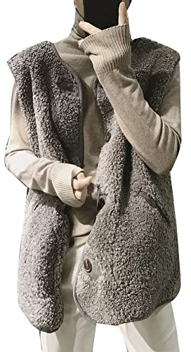 Dam lättviktig chic ärmlös jacka i fuskpäls trendig lammullsväst halvlängd vinter varm fleeceväst Sherpa Outwear Waistcoat med ficka, Kaffe, L