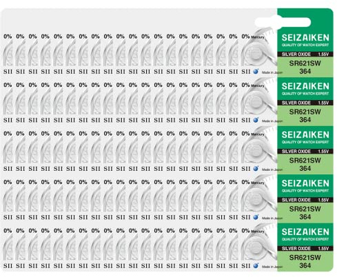 Seizaiken Seiko 364 SR621SW Uhrenbatterie, 1,55 V, 0% Hg, Silberoxid, 100 Batterien, hergestellt in Japan