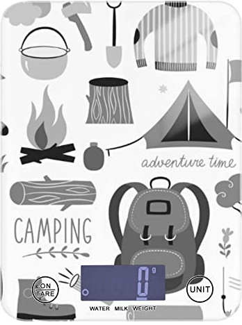 Vintage Set of Camping Equipment Icon Set Tent Bonfire on White Tempered Glass Kitchen Scales, Digital Weight Grams and Oz Food Scales for Cooking Baking Meal Prep Home Weight Loss Health Diet