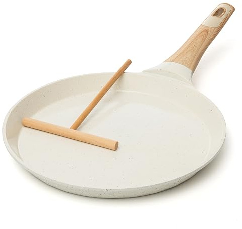 Moss & Stone 9.5-Inch Nonstick Crepe Pan with Spreader – Ceramic Dosa Tawa, Flat Skillet for Roti, Pancakes, Tortillas – Induction Compatible, Nonstick Pancake Pan for Stovetop Use, White