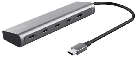 Trust Halyx Hub 5 Puertos 4X USB-C Puerto Alimentación USB-C PD 100W | Alta Velocidad 5 Gbps, Regleta USB, Adaptador USB C, Concentrador para PC, Ordenador, Portátil, Macbook, Plata