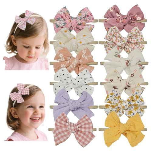 Esumun Baby Girls Floral Hair Bow Headbands 12 PCS, Flower Bow Stretchy Elastic Hairband for Newborn Infant Toddlers (pink NB 12 pcs)