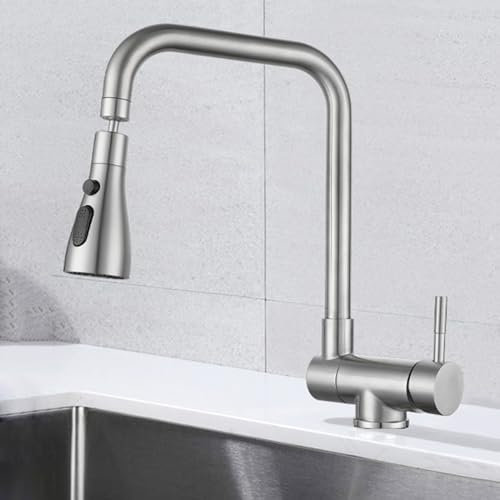 XJTNLB Vorfenster Küchenarmatur Klappbar Gebürstet Vorfenster Armatur Edelstahl Heißes und Kaltes Wasser Einhebelmischer Küche Spültischarmatur Vorfenstermontage-Drei Modi