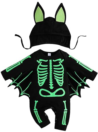 LIKPOJA Newborn Baby Boy Girl My 1st Halloween Bat with the Skeleton Outfits Unisex Baby One-piece Skull Bat Romper with Hat for 0-24 Months Infant(Bat Romper C,3-6 Months)