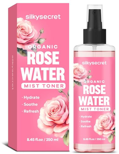 SilkySecret Organic Rose Water Spray (8.45 Fl Oz), Rosewater Spray for Face & Hair, Rose Water for Skin Care