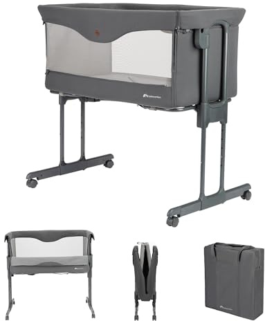 Bebeconfort Amara, Beistellbett Baby, 0– 6 Monate, 0–9 kg, Co-Sleeper, 2-in-1 Beistellbett & Stubenwagen, in 3 Sek kompakt zusammenklappbar, einfach zu bewegen, praktische Reisetasche, Tinted Graphite